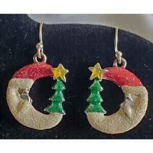 .5 Inch Christmas Themed Santa Moon Dangling Pierced Earrings Signed Danecraft